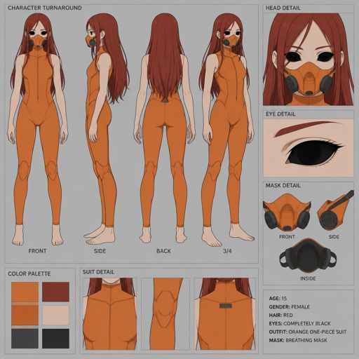 Female wearing an orange one piece legs covered sleeveless feet showing, red long hair, completely black eyes, orange breathing mask, 15 years old 