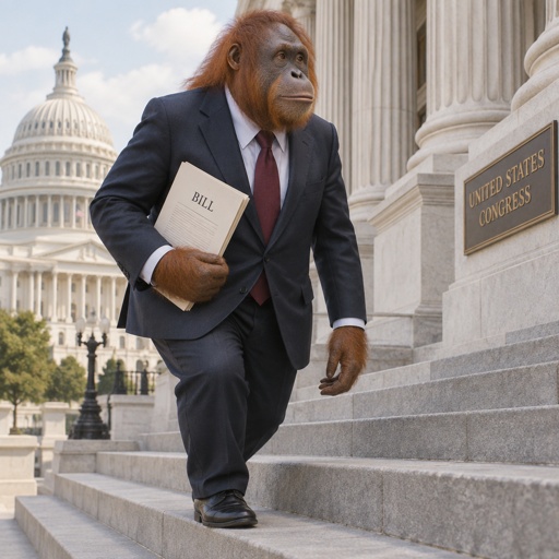 A orangutan going up the steps of congress in a nice suite. Try to get a bill to stop destruction of nature and endangered species.  