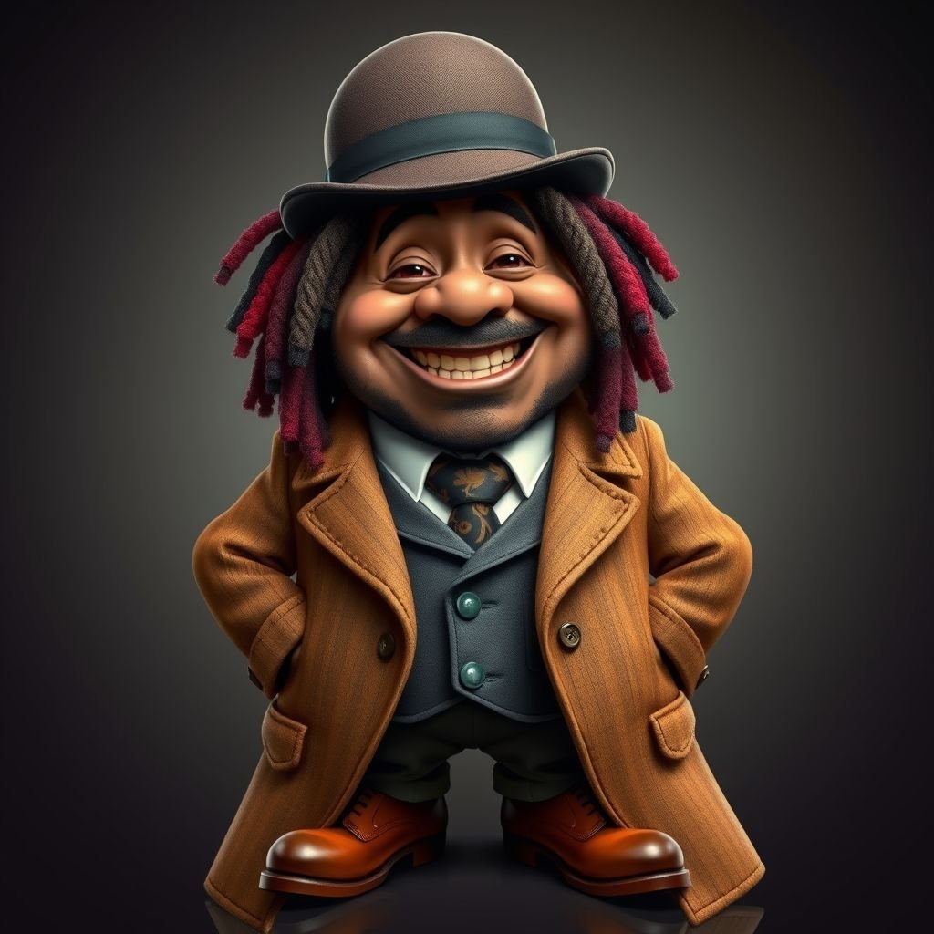 Create a funny fat character similar to Sherlock Holmes, but make him of black decent and with dread locks. Show his whole outfit including his shoes.
