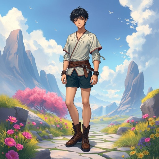 Age 18 male has nobility in his blood, he wears a simple tunic, shorts, and combat boots. He is tall and lean and has short dark hair