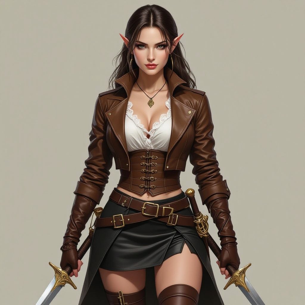 Prompt — “Ffionna Baelyn (Appearance-Only Canon)” A semi-realistic fantasy portrait of a female High Elf assassin with a blonde pixie cut, fair ivory skin with warm undertones, and sharp green eyes flecked with gold. She has pointed ears and an elegant, athletic build. She wears a cropped brown leather jacket fitted to her waist with brass buckles and stitching detail, over a white sheer-lace blouse with a delicate neckline. A short, black fitted leather skirt sits high on her waist, sleek and practical. Her gloves are fingerless brown leather; her thigh-high boots match in brown leather with subtle shine and high, narrow heels. Her twin short swords are polished steel with gold-filigree guards and brown leather-wrapped hilts, worn symmetrically at her hips. Her stance or posture should convey poised confidence—alert but graceful, befitting a professional assassin. Lighting neutral and even, showing full-body proportions (8-heads rule), semi-realistic painterly fantasy style. “A semi-realistic fantasy painting of Ffionna Baelyn, the High Elf assassin, seated at the bar inside the Shallow End Inn. She sits on a wooden stool with one leg crossed over the other in a relaxed, confident posture. Her cropped brown leather jacket, white lace-trimmed blouse, short black fitted skirt, and thigh-high brown boots are all part of her locked outfit. Her twin short swords rest within reach, gleaming faintly in the lanternlight. The inn’s wooden counter, hanging bottles, and swamp-reflected glow set a moody, humid atmosphere, capturing her calm watchfulness rather than flirtation.”