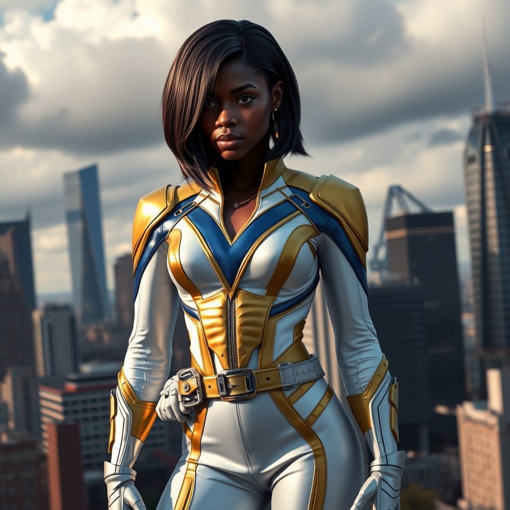A teenage African American female superhero with hair in a shoulder length side part style wearing a mask wearing a partially leather white and Gold suit with blue accents and a stylized V as her chest emblem a utility belt and silver boots standing in Philadelphia during a cloudy day