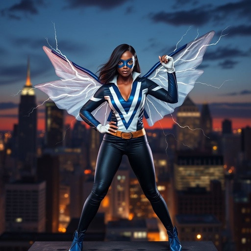 African American female superhero with shoulder length hair in a side part style and wings made of white lightning wearing a domino mask wearing a slightly homemade white blue and black suit with black pants with a stylized V as her chest emblem wearing blue flat boots made of gold standing in Philadelphia at dusk