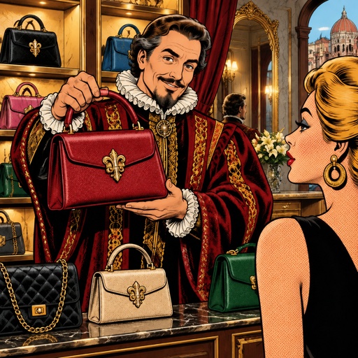 a painting of a woman looking at a man holding a purse