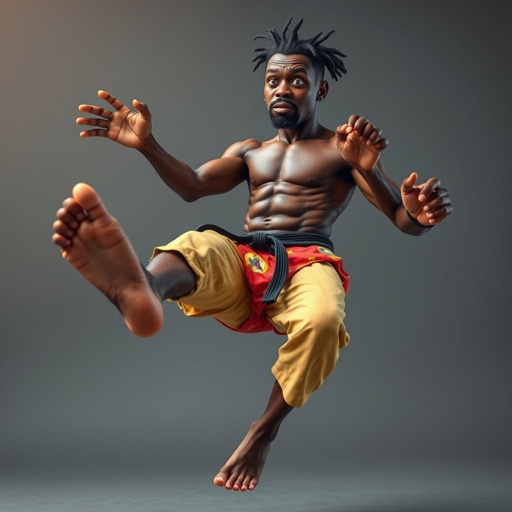 Create a character who looks like a funny African karate guy who doesn’t have a clue what he is doing. Make him have weird toes, only speedos on and a black karate belt. Make him tal skinny and slinky.