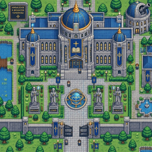 College full building, for a futuristic fantasy city game, exterior, top down style