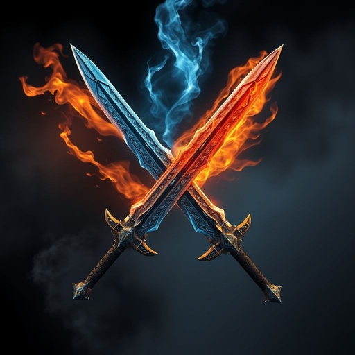 2 swords crossed no human with fire and ice coming from them