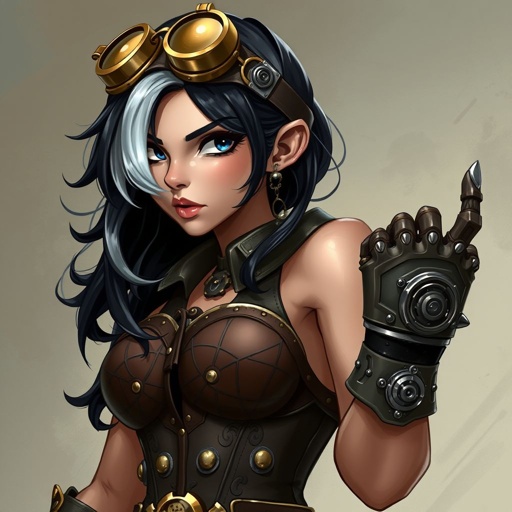 Her name is Metal Moxie. She has ebony hair with a silver streak on the left side of her part. She is edgy, sharp, intelligent. She is fierce, independent and stands for justice and equality and freedom
