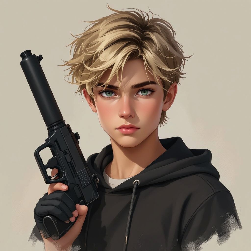 Dirty Blonde short hair teenage boy with dark training outfit on and a training hand used weapon 