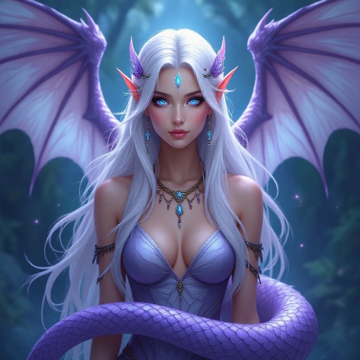 Winged naga with long white hair and bright blue eyes her tail is light purple 