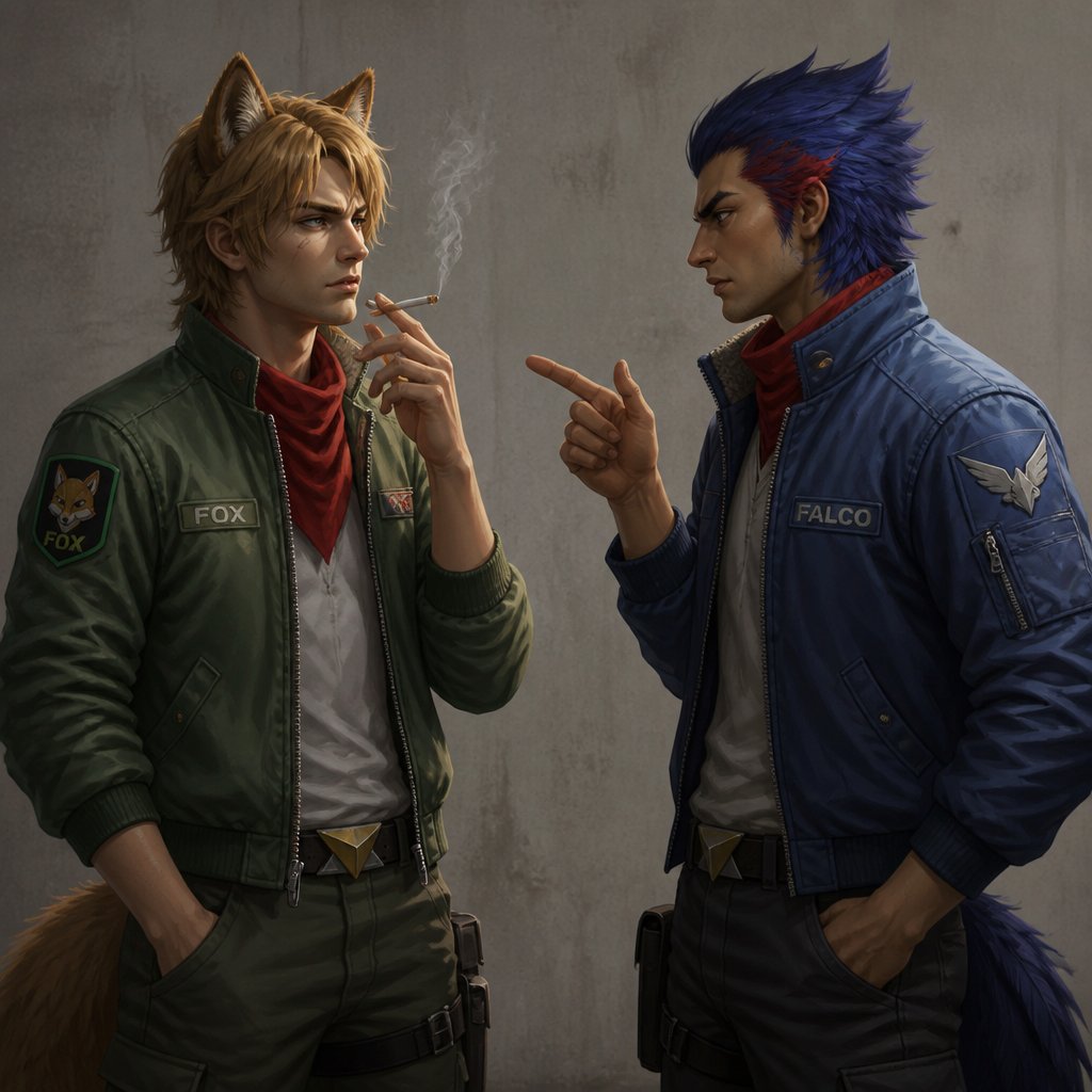 Super smash brothers Fox from star fox as a human, Falco from star fox as a human, fox as a human smoking and Falco as a human scolding fox for smoking saying “that’s bad for you “
