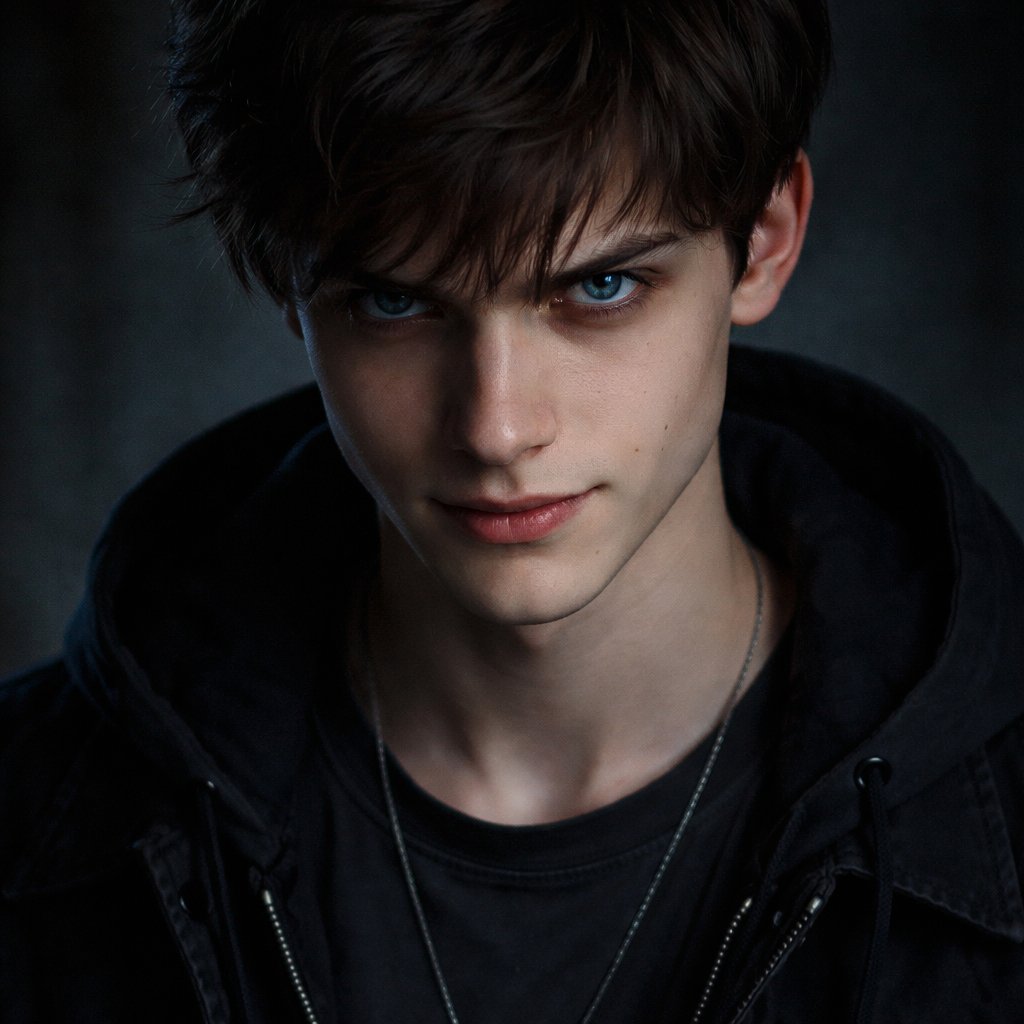 A 19 year old boy who has dark brown hair and blue eyes. He looks evil.