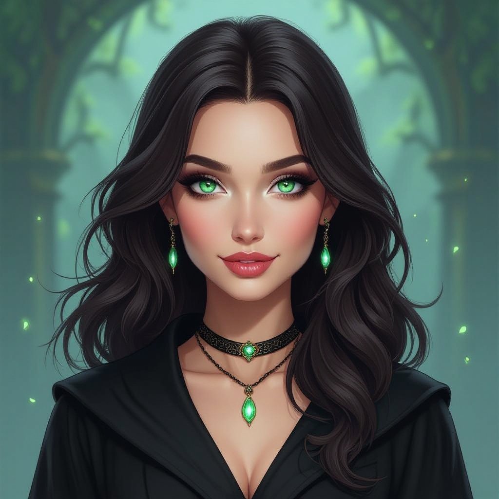 Kobieta o ciemobrązowych włosach do pasa, jasnych zielononiebieskich oczach, pełny makijaż. Ubrana na czarno. człowiek. Uśmiechnięta, ale mroczna.

