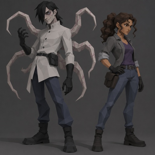 Male, black messy greasy hair, thin shoulder length hair in the back, long hair in the front covering one eye, blue eyes, eye bags, veins under eyes, pale tendrils coming out of back with veins, blue pants, boots, black rubber gloves, short scientist jacket buttoned up, belt with pouch, evil smile, flirting with, Female, tan skin, brown eyes, pointy nose, curly ponytail, curl in the middle of her forehead, grey jacket rolled up sleeves, jeans, boots, purple shirt, gloves