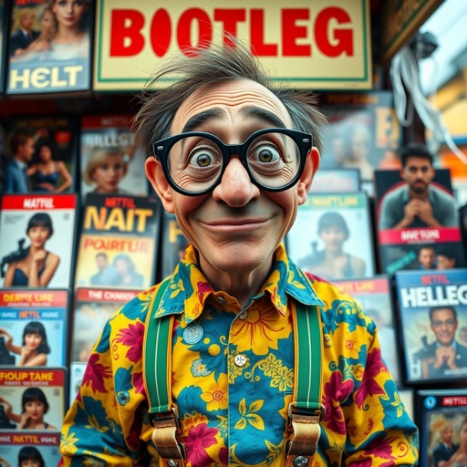 create a guy name bootleg who sellers dvd's for movies that are fake dvds. Make him funny looking. And make sure the image shows him head to toe like his whole outfit