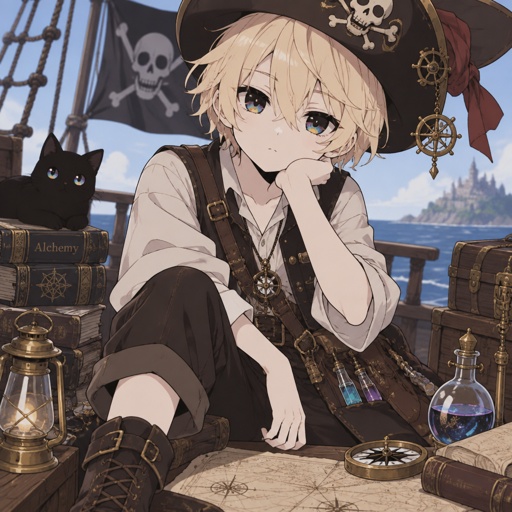 Alchemist witch pirate girl with boy look and boy clothes and has blond hair and onyx eyes with hue of rainbow white pale skin 