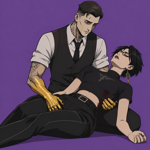 Midas from Fortnite holding Bayonetta from super smash bros short hair, she’s dead, on the ground, both wearing casual clothes, Midas is sad