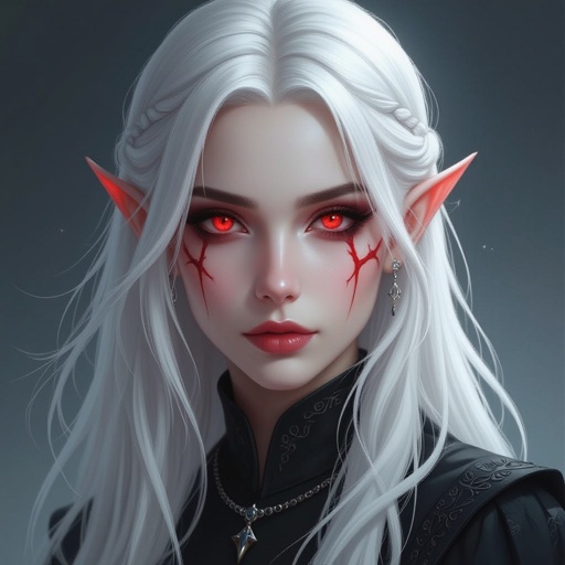Blood red eyes with scars around them. With platinum blonde hair