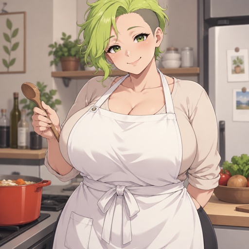 Motherly, plump, well endowed female, lime green undercut in chef apron
