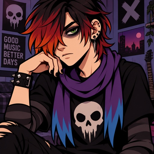 Male, teen, green eyes, ear piercings, black shirt with skull, purple scarf with blue tips, brushed neck length hair covering one eye, light red light orange and black hair gradient, black nail polish, black eyeshadow