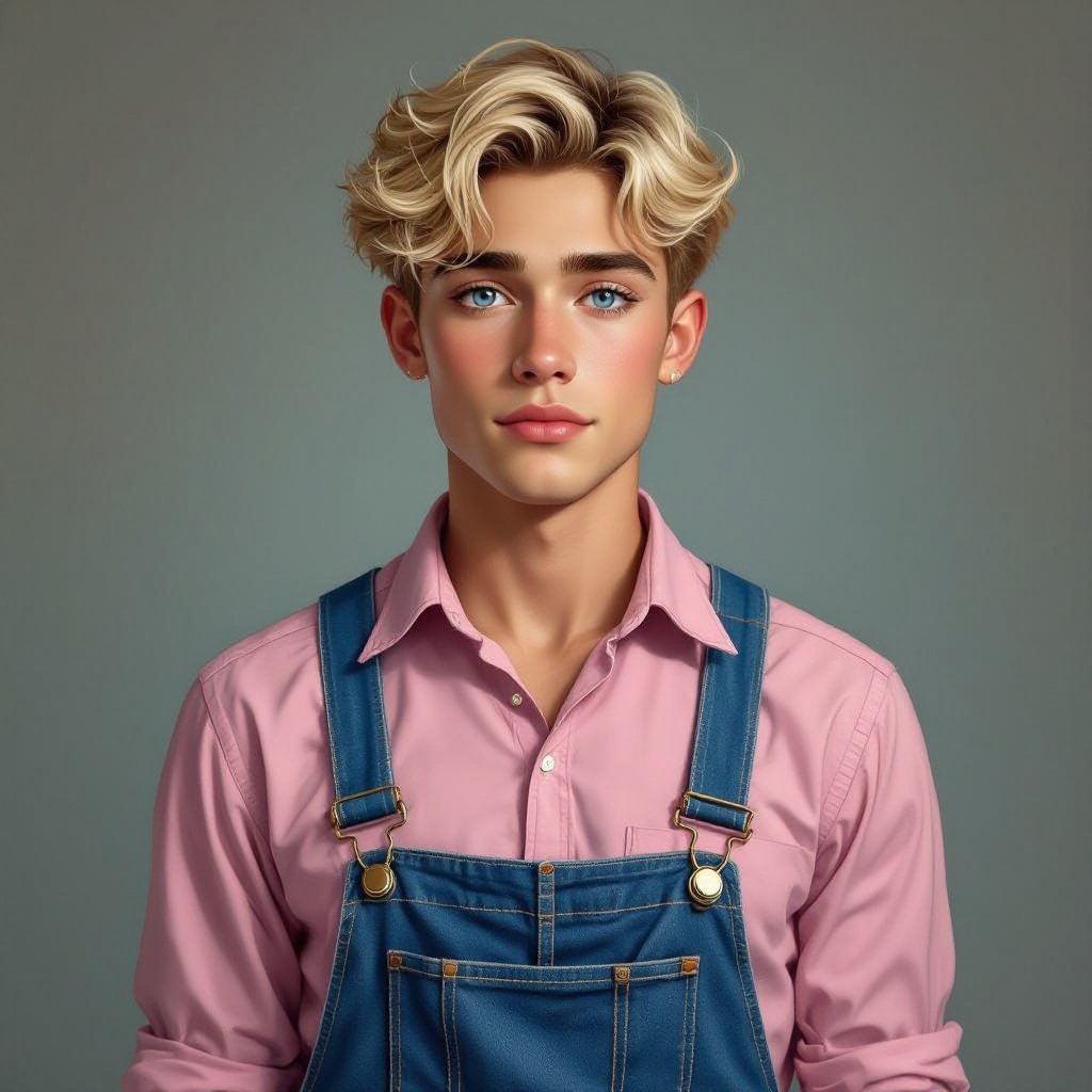 Latino, no beard, looks a feminine, frail figure, buttoned up shirt 18-years old male, Blonde hair, blue eyes, ring around eye heterochromia, pink shirt, blue overalls 