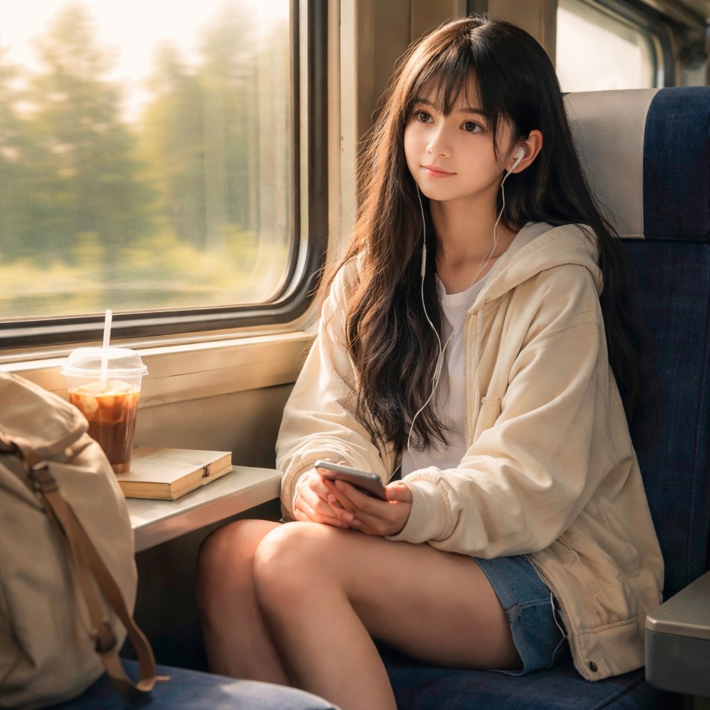 Full body picture. Sitting in a train compartment. A teenager girl sitting with long black hair and grey eyes. Her hair is set in soft waves resting just above her but. Her eyes are storm grey. She is wearing a black long sleeve turtleneck and a satin Green skirt that ends mid thigh. black tights and black thigh high boots. She has a small golden necklace of a snake and a silver ring with a b on the top to the left of the b is a black diamond and to the right is an emerald. She has an arctic fox next her with bright green eyes. She has fare skin and a soft smile on her face. she has emerald stud earrings in both ears you can see her full body and she is wearing a small crown at the top of her head it was black with green accents
