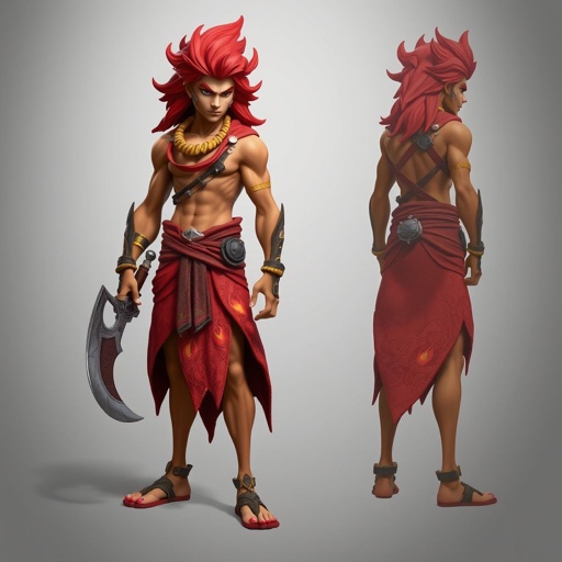 Create handsome hero  Rhen the Fire-Singer – A lean, muscular man. His hair is a wild mane of deep crimson. He wears layered, flowing desert robes dyed in warm reds and golds, with scorch marks where flames have licked them. A curved blade hangs at his hip.  Show her whole body head to toe including her shoes.