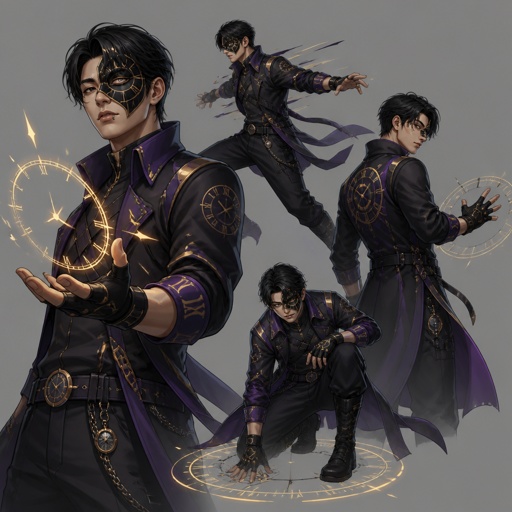 Male superhero with time abilities, Asian, lip piercing, half mask, multiple of the same character 