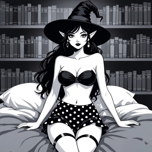 Dark Brunette Elf Witch Librariani with With Hat.  Strapless Bathing Suit Top and Black and white Polka Dot Mini Pencil Skirt laying on Library Bed