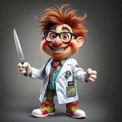create a funny looking doctor, named doctor p Pom. Who is funny looking from head to toe. And he always says immediately results to surgery for anything even small things. So please be sure to show his whole outfit head to toe.