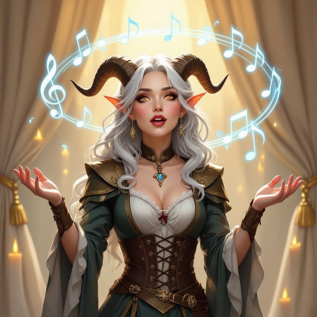 A semi-realistic fantasy portrait of Evangeline Ivey, the Fierna Tiefling Bard of the College of Glamour, captured mid-performance on her candlelit stage.  She stands full-body beneath soft golden light, ivory curtains draped behind her, and glowing blue musical notes spiraling through the air as if alive with her magic. Her porcelain-pale skin (#F3EDEB) gleams in the warm light, contrasting against her long silver-white hair (#D6D6DA) cascading around her shoulders. Her amber-gold eyes (#C88C21) are wide with theatrical expression, her mouth open in mid-song or gasp. Dark brown ridged horns (#4A3A2C) curve elegantly from her brow, and her pale devil’s tail curls behind her, tipped red-and-black like an exclamation mark of performance.  Outfit — “Infernal Mime” Parody Costume: • Black-and-deep-red striped bodice with suspenders and gold buckles • Short flared skirt trimmed with faint gold edge • Matching striped thigh-high stockings and long fingerless gloves • Red silk neck scarf tied neatly at her throat • Black heeled shoes and beret with her horns peeking through  Scene & Lighting: Warm candlelight and soft shadows create a theatrical glow across the stage floor and her form. The air is alive with faint magical motes shaped like music notes, curling around her in shimmering blue light.  Mood & Expression: Expressive, whimsical, and dramatic — a parody of classic mimes infused with bardic flair. Evangeline’s pose is mid-gesture, both hands raised as if she’s frozen between song and spell, her eyes alight with mischievous emotion and glamourous command.