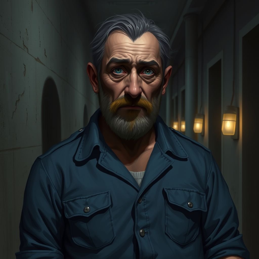 Create this background hall inside was dim, paint peeling in sheets. A metal door led to the cell block. Six cells, all empty. A cracked toilet in each. Rusty bunks, stale air, dust everywhere. No character just background