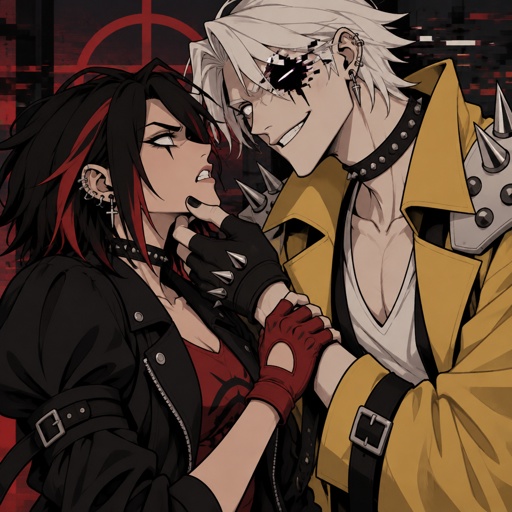 Female, black hair red streaks, messy hair, one side medium length other side shirt hair, white eyes, black spike under eye, ear piercings, choker, black jacket with puffed sleeves, red shirt, fingerless red gloves, angry, Male, slim, cheekbones, white hair, smooth on top spiky on the bottom, neck length, white eyes, yellow trench coat, metal spike shoulder pads, black choker, low cut white shirt, fingerless gloves with spikes, insane smile, glitch powers, one missing glitchy eye, holding females chin in hand, flirting