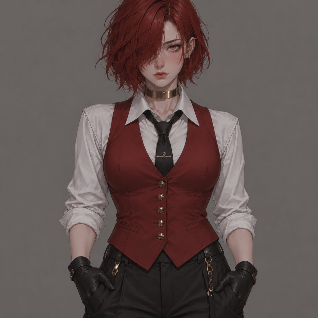Female, 24, neck length red messy hair covering one eye, serious, suit vest red, white shirt, black tie, pink eyes, gold choker, black gloves, blush