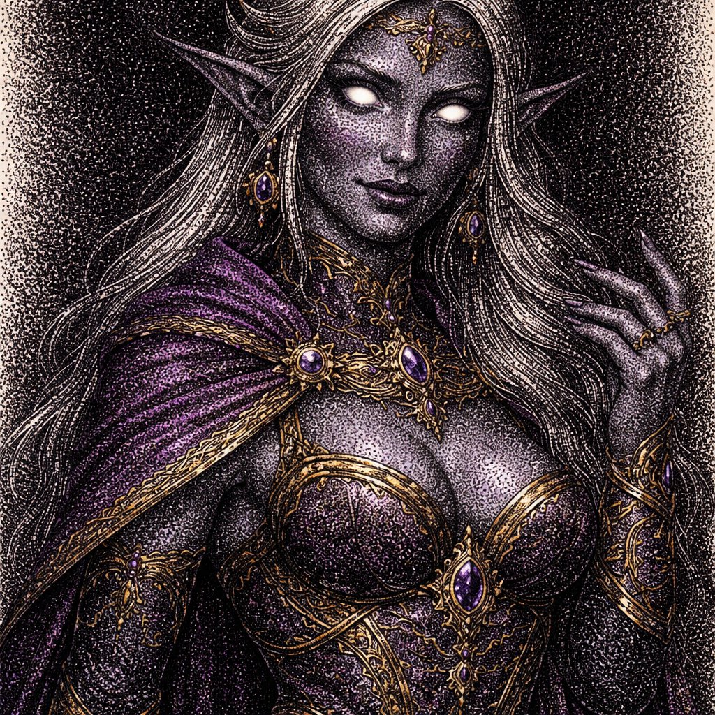 Make me a dark elf wearing purple and gold clothes