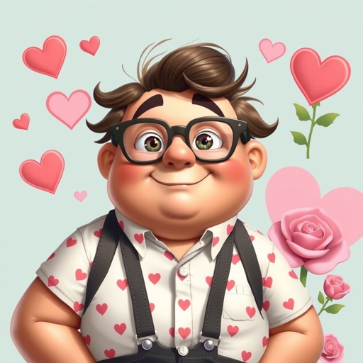 Create a adult character head to toe who is chunky , funny looking but swears he’s a lover boy.