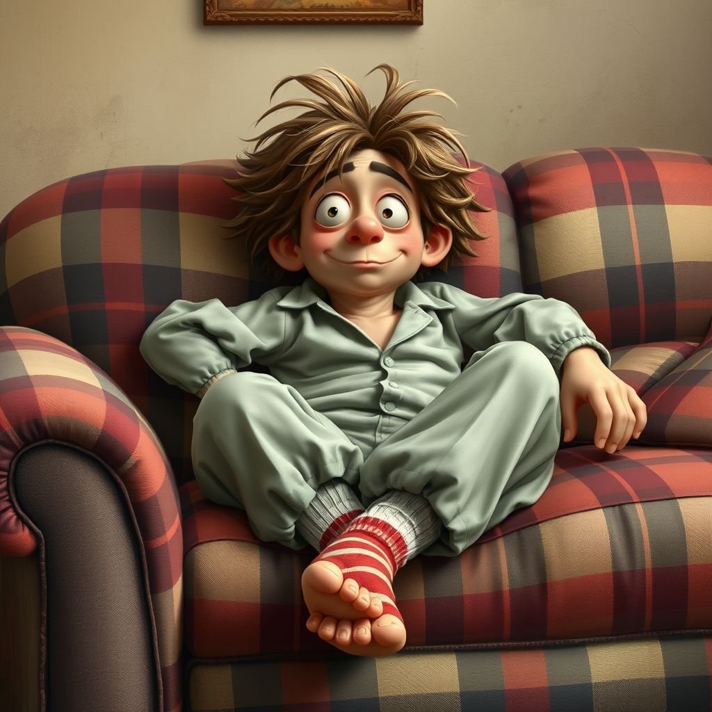 Create a character who is lazy as heck. And you could tell from his face and his entire outfit. Make is funny and the style of the graphic photographic 