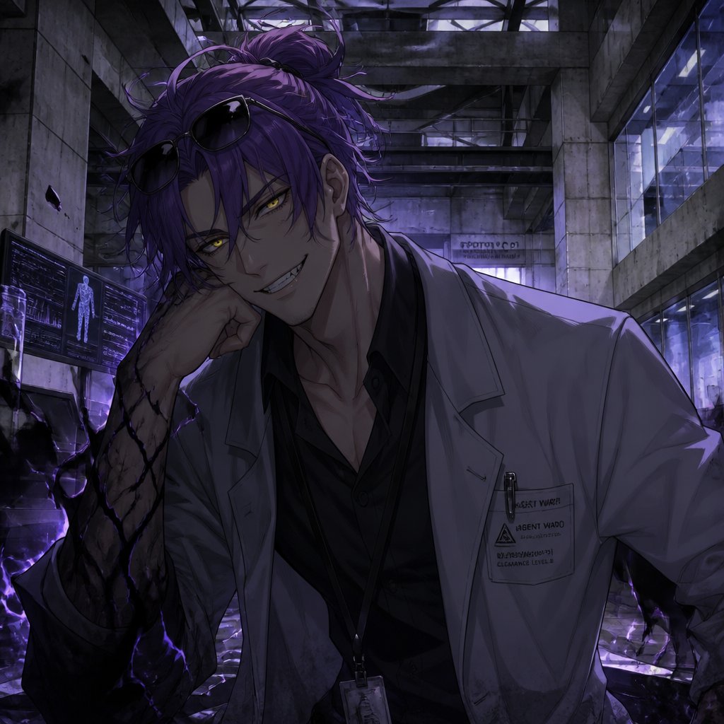 Anime style, Agent Ward,was made in a secret lab to be the best weapon and good at everything, highly skilled in many things,has to be kept in check by the facility and have an emergency backup in case he gets out of control, Wards hair is in a messy loose bun hair color violet, he is clean shaven, has yellow night vision eyes, sharp teeth,he wears sunglasses on his head, has a dark power energy from the experiments,the best agent, he's in his late 20s, tired, tall, eyes are sensitive to light,easily gets migraines, likes making jokes, sassy,reckless mischievous and dangerous,grins, hates being told what to do, intimidating, laugh like a maniac cares about his partner ruby rose