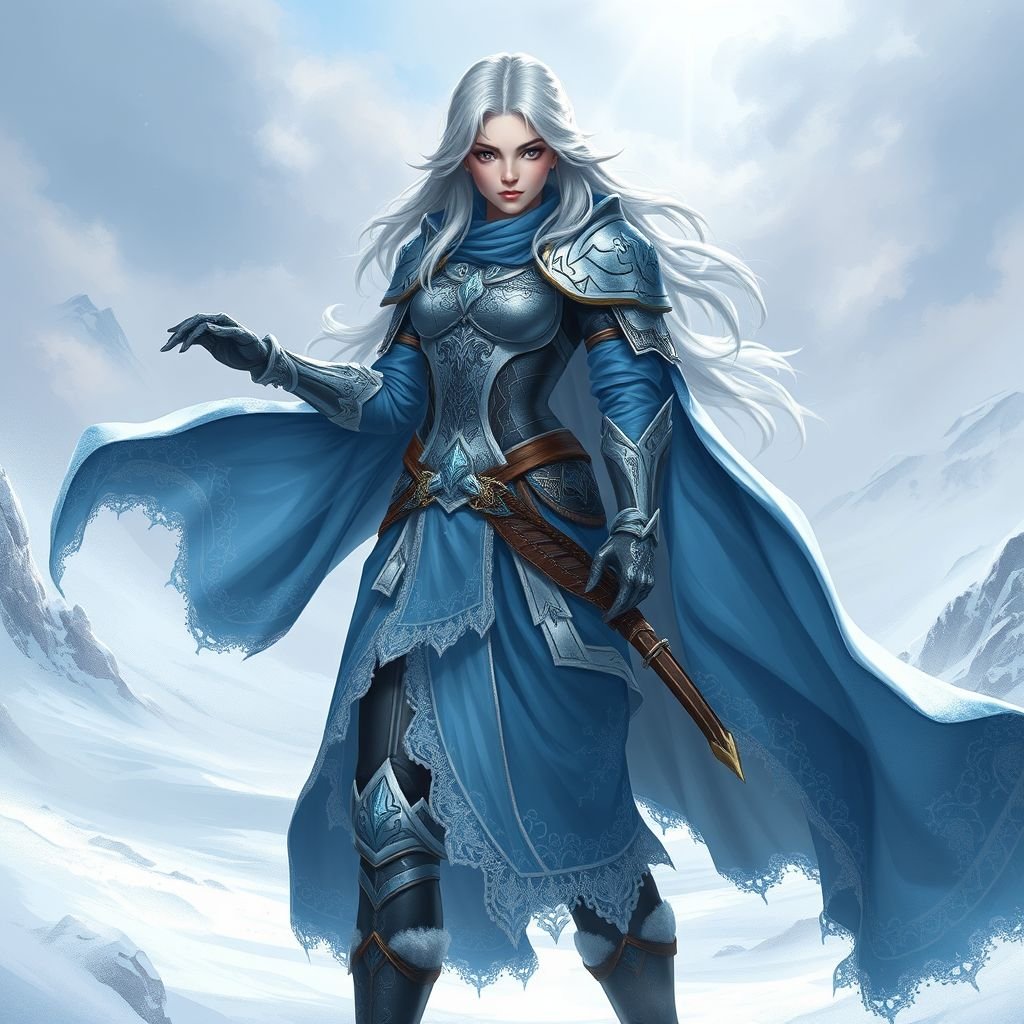 Create a battle woman hero called Alvara the Frostheart. Show full body head to toe including shoes