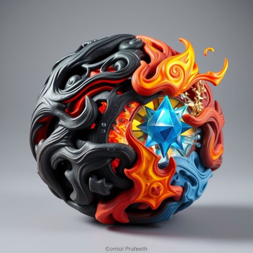 Give me a image of a ball showing power of shadow, fire, frost and mind control 