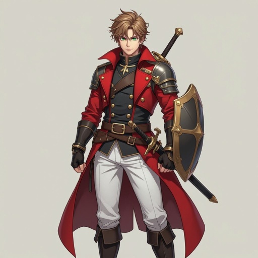 Young Man, leather armor under a red double-breasted great coat, gold buttons, no cape, no cloak, brown belt, white pants, black knee-high boots, shield on his back, sword sheathed at his hip, sandy colored hair, short hair, green eyes, manwa style, clean shaven, black gloves; 