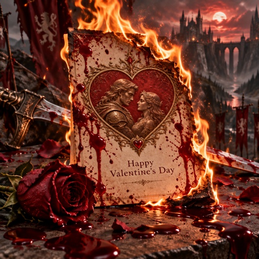 valentine day card on fire with drops of red blood around it