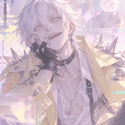 Male, white hair, smooth on top spiky on the bottom, neck length, white eyes, yellow trench coat, metal spike shoulder pads, black choker, low cut white shirt, fingerless gloves with spikes, insane smile, glitch powers