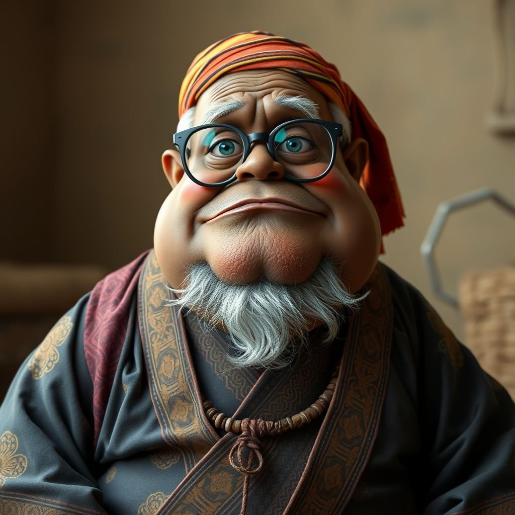 Create a funny looking African sensei. Show the whole character from head, body , legs , feet and make him serious. 