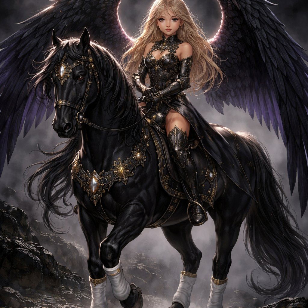 Non sexualized Tan skin and light Blonde hair 15 year old girl with brown eyes. Long dark eyelashes and irises with gold flecks . Black background with dark fog and rocks. She’s riding a regal horse. She has dramatic black wings with a purplish hue. She’s wearing a skin tight decorated armor. The horse has white leg wraps on its feet with gold gems. The horse has jewelry and studded tack. The horse is black and tall