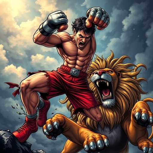 A boxer with metal hands battling a lion