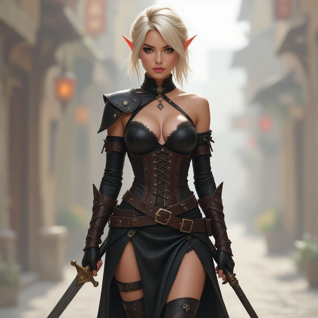 Blonde pixie cut Female High Elf Rogue Assassin in Black and Brown Shear Lace & Leathers and Skirt ripped and torn