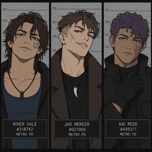 Male, neck length dark brown messy hair, no bangs, smiley face on cheek, dimples, grey eyes, eyebrow slit, blue tank top, black jacket, black necklace, Male, no facial hair, brown choppy messy hair undercut, smirk, pale, gold tooth, scar under eye, scar on cheek, brown long jacket, no facial hair, late 30s, tooth necklace, Male, short curly purple hair, burn scar on right cheek, grey eyes, black jacket, gloves, mug shots separate screens