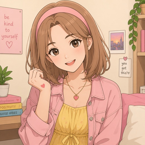 Female, 18, shoulder length light brown hair, pink headband, yellow dress, pink jacket, heart necklace, smiling, heart tattoo on hand