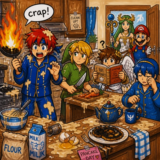 Super smash brothers link from legend of Zelda, pit from kid Icarus, Marth from fire emblem,Roy from fire emblem, there trying to make breakfast Roy still wearing pjs and had pancake batter on his pjs holdings frying that caught on fire saying “crap,crap,crap!" link holding a knife near a cutting board,pit trying to read the cookbook but it's upside down, Marth wearing his pajamas making himself some tea with a tired face expression think "why did I get up", Palutena comes into the kitchen through the door and yelling "what are you guys doing!" Mario behind Palutena seeing the mess and saying "Mama mia!" All in casual clothes